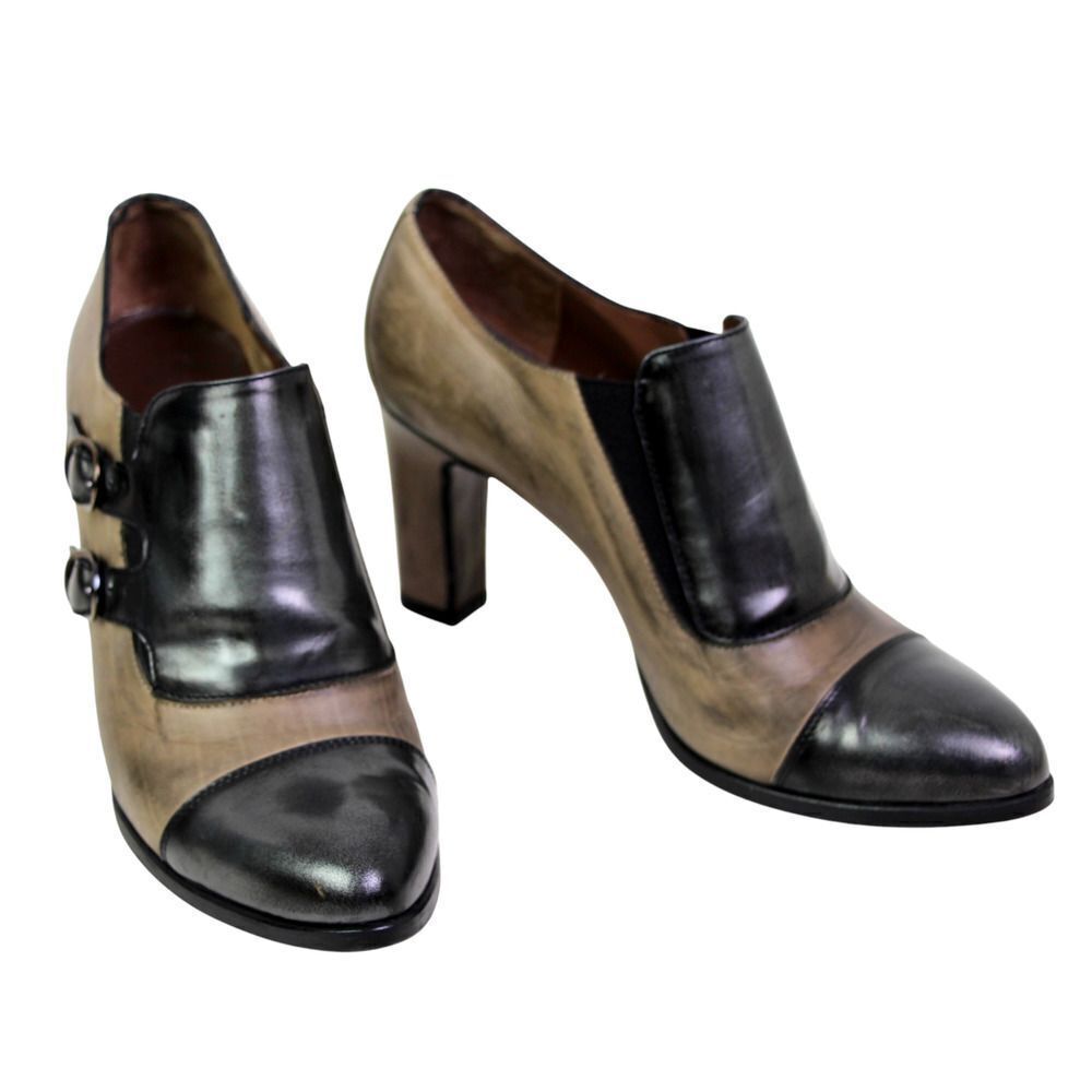 Calpierre BEIGE BLACK REAL LEATHER ALMOND TOE HIGH HEEL ELASTIC ANKLE BOOTS 39